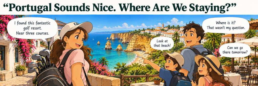 Female golfer and her family choosing where to stay in the Algarve, combining Portugal beaches, family activities and golf.