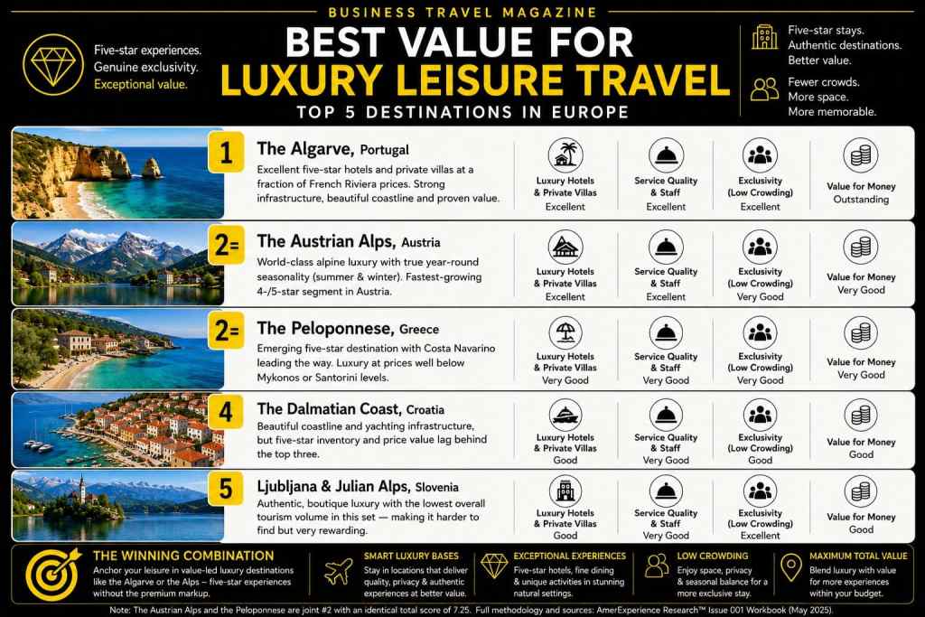 Best value luxury leisure destinations in Europe ranking infographic.
