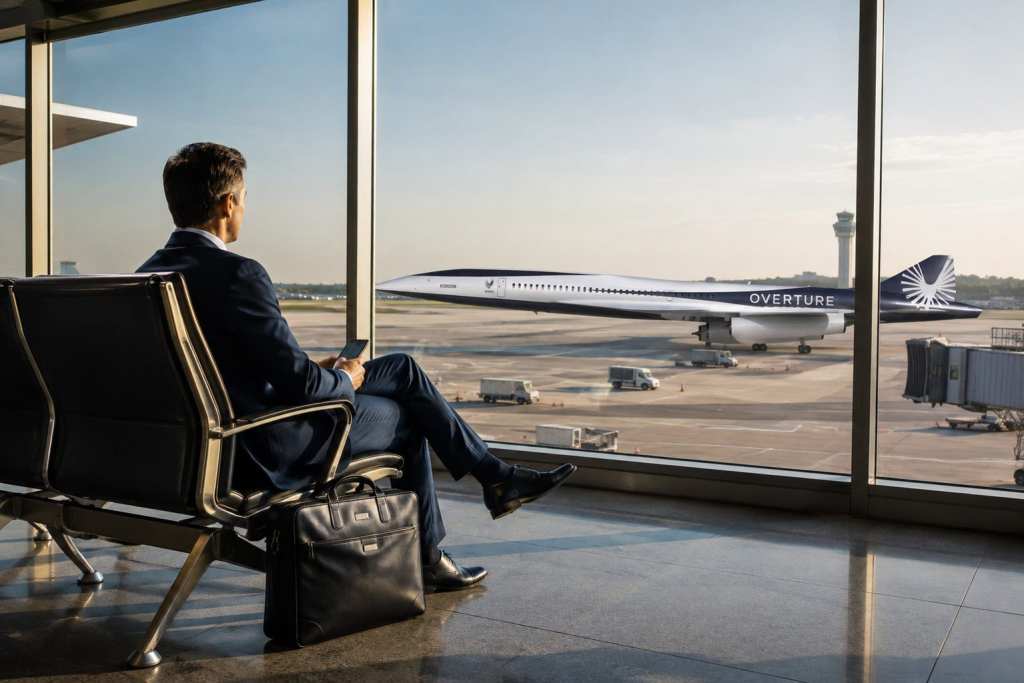 Boom! Overture Supersonic near future business travel business man waiting at the airport