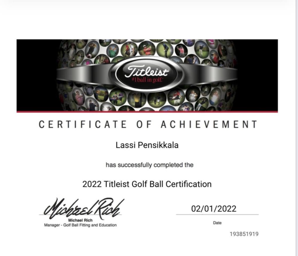 Titleist University Golf Ball Fitting Certificate Lassi Pensikkala 2512100144 1653283701781