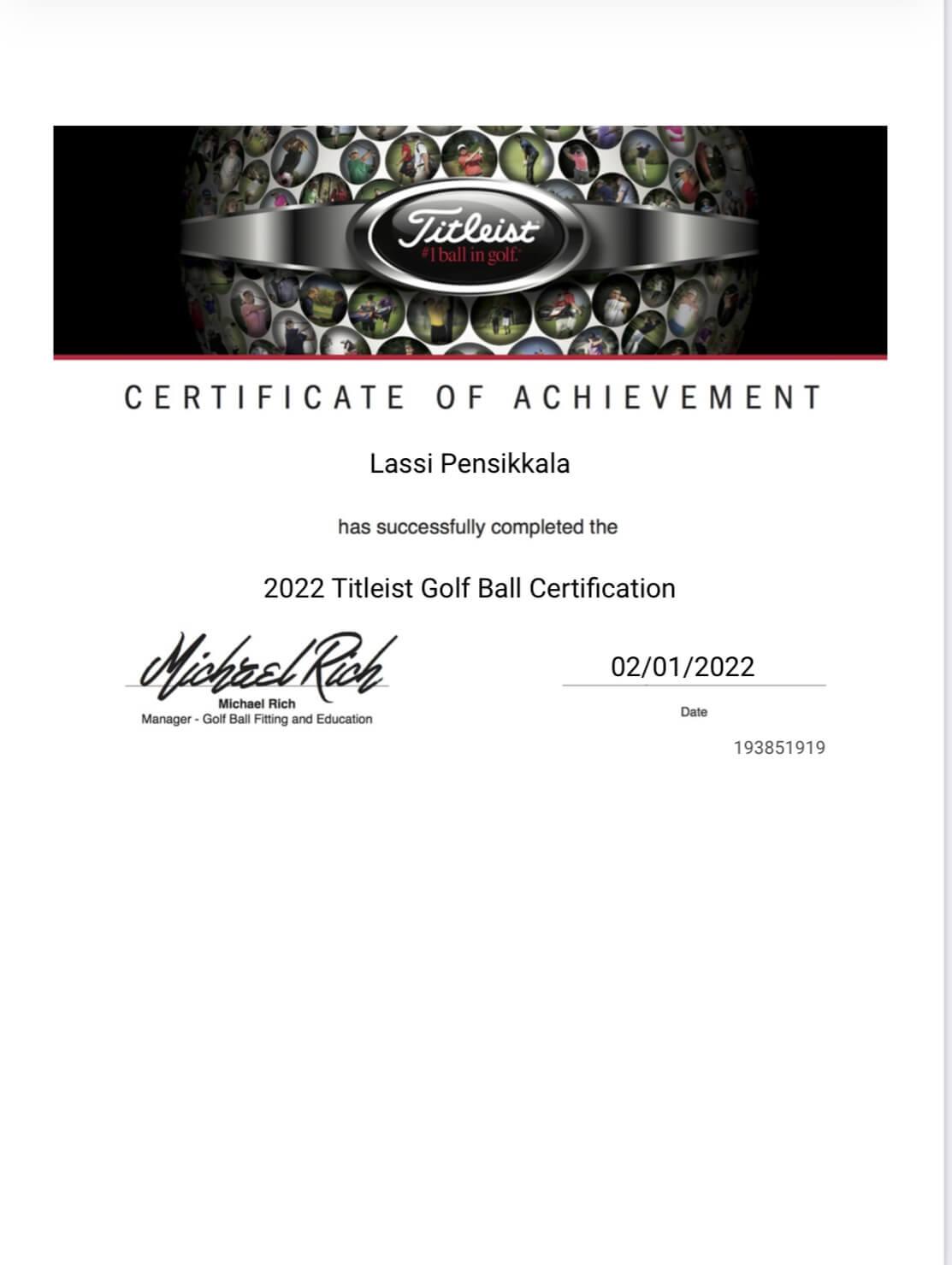 Titleist University Golf Ball Fitting Certificate Lassi Pensikkala