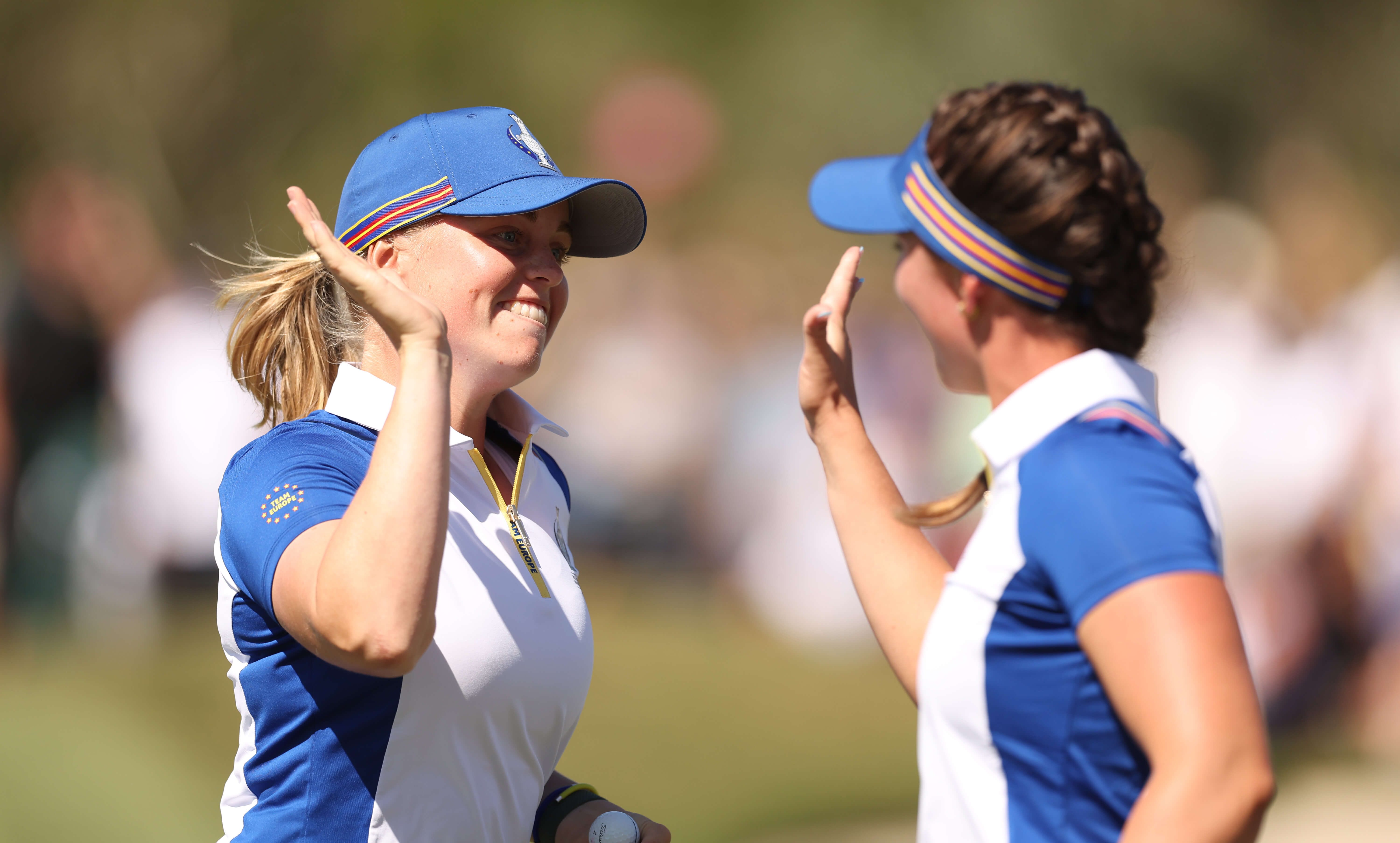 23/09/2023. Ladies European Tour. The Solheim Cup 2023, Finca Cortesin, Malaga Spain. 22-24 September. Linn Grant of Team Europe celebrates winning her match on the 18th hole during morning foursomes on day two. Credit: Oisin Keniry / LET
