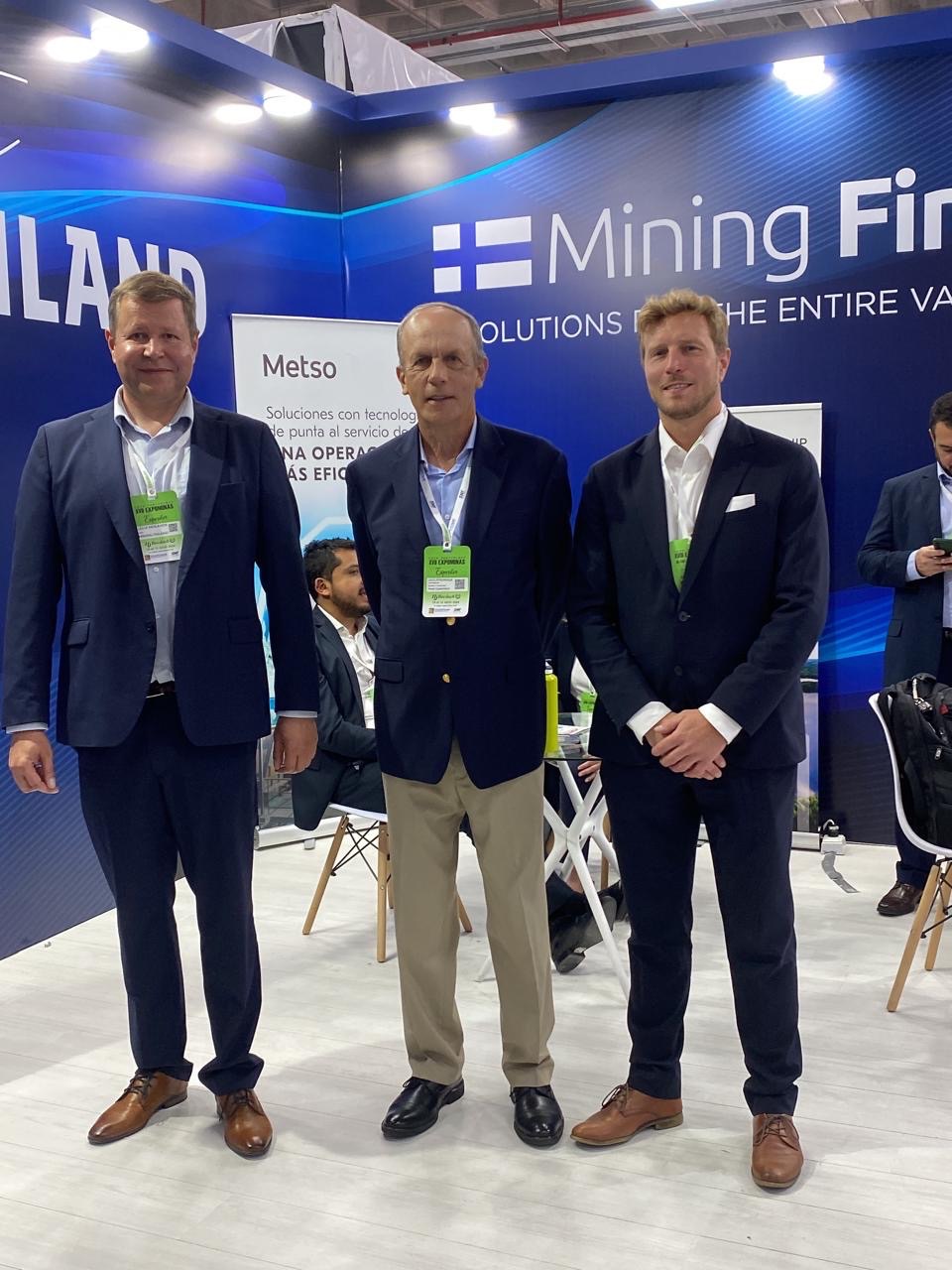 Lasse Moilanen, CEO Mining Finland, Lassi Pensikkala International Business Consultant, and Julian Blom, Global Gateway Project Lead, Finnpartnership at Expominas 2024