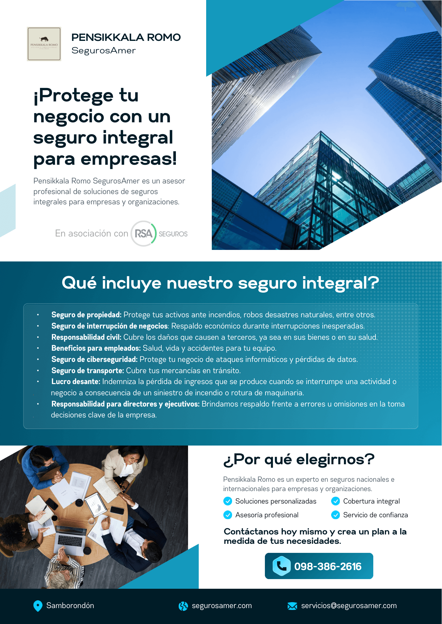 Nos complace presentarle nuestra propuesta de Seguro Integral para Empresas, diseñada especialmente para proteger su negocio y brindarle tranquilidad en todas las áreas clave de su operación. Sabemos que dirigir una empresa implica enfrentar riesgos constantes, y por ello queremos ser su aliado estratégico, ofreciéndole las mejores soluciones en seguros.¿Qué puede esperar de nuestro seguro integral?Nuestro objetivo es ofrecerle una cobertura completa y personalizada, que incluye:• Seguro de propiedad: Protege tus activos ante incendios, robos desastres naturales, entre otros.• Seguro de interrupción de negocios: Respaldo económico durante interrupciones inesperadas.• Responsabilidad civil: Cubre los daños que causen a terceros, ya sea en sus bienes o en su salud.• Beneficios para empleados: Salud, vida y accidentes para tu equipo.• Seguro de ciberseguridad: Protege tu negocio de ataques informáticos y pérdidas de datos.• Seguro de transporte: Cubre tus mercancías en tránsito.• Lucro desante: Indemniza la pérdida de ingresos que se produce cuando se interrumpe una actividad o negocio a consecuencia de un siniestro de incendio o rotura de maquinaria.• Responsabilidad para directores y ejecutivos: Brindamos respaldo frente a errores u omisiones en la toma decisiones clave de la empresa.