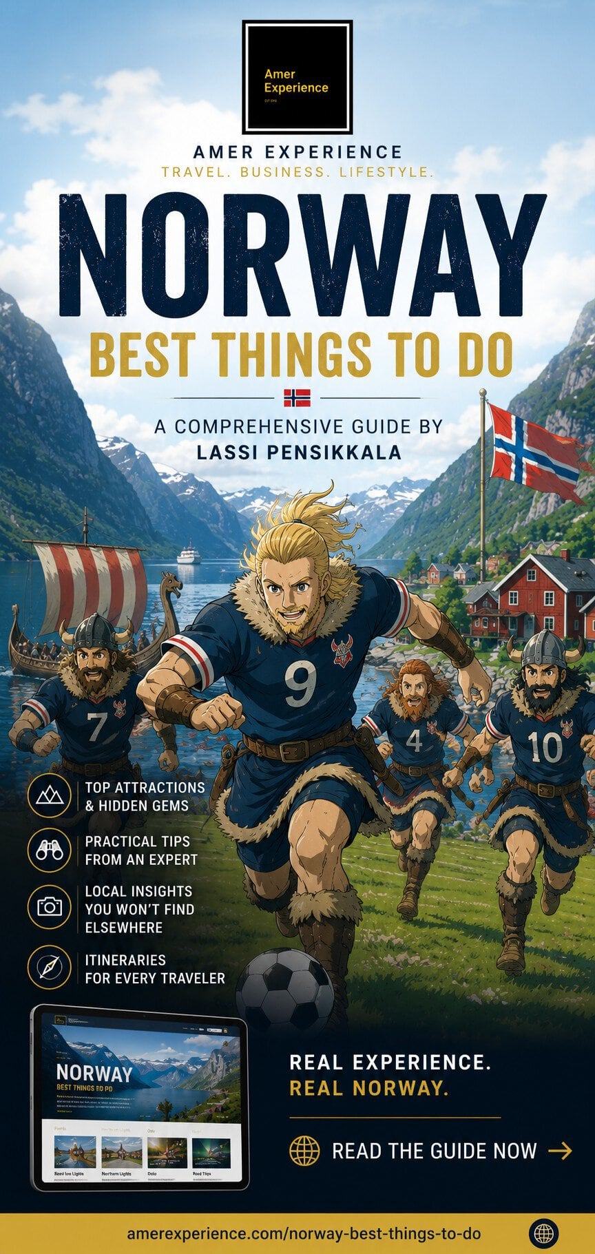 Illustrated Norway travel advertisement featuring Viking football players running through dramatic fjord landscapes in a Nordic-inspired cinematic style. The vertical AmerExperience design highlights Norway travel experiences, hidden gems, local insights and Scandinavian adventure themes.