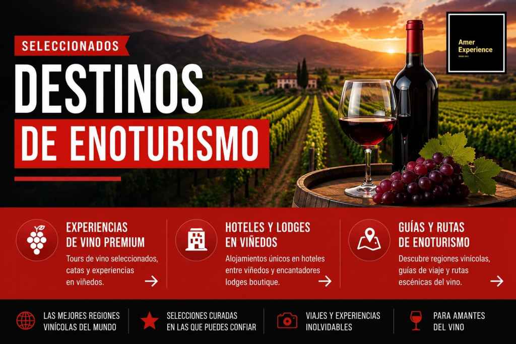Banner promocional de enoturismo con paisaje panorámico de viñedos al atardecer, botella de vino, copa de vino tinto y uvas en primer plano. Diseño elegante de AmerExperience destacando experiencias premium de vino, hoteles en viñedos, guías de viaje de enoturismo y rutas escénicas del vino en destinos vinícolas internacionales.