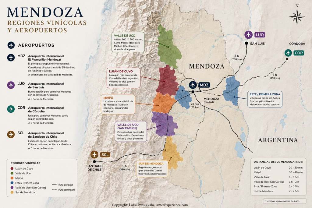 Mapa de las regiones vinícolas de Mendoza y los aeropuertos más cercanos en Argentina, incluyendo Valle de Uco, Luján de Cuyo y Maipú con distancias y conexiones aéreas