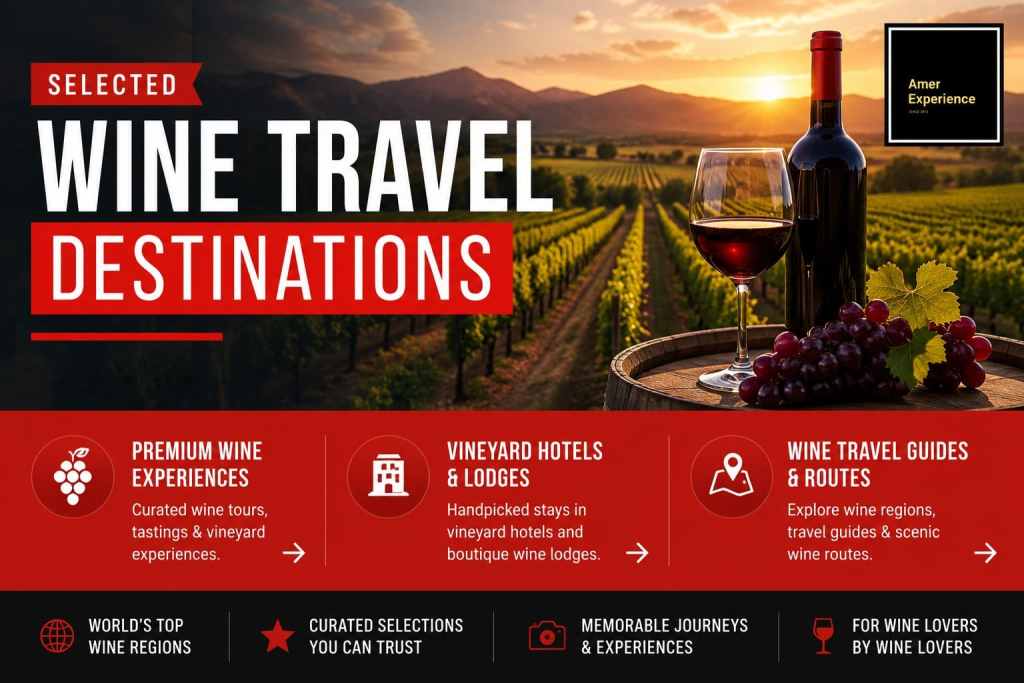 Selected Wine Travel Destinations banner featuring a scenic vineyard landscape at sunset with wine bottle, red wine glass and grapes in the foreground. Elegant AmerExperience travel design promoting premium wine experiences, vineyard hotels, wine travel guides and scenic wine routes across global wine regions.