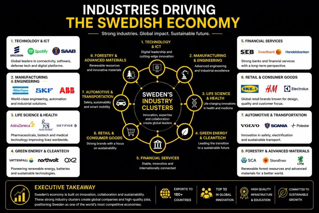 Industries driving the Swedish economy infographic showing Sweden’s major business clusters including technology, manufacturing, life sciences, finance and clean energy.