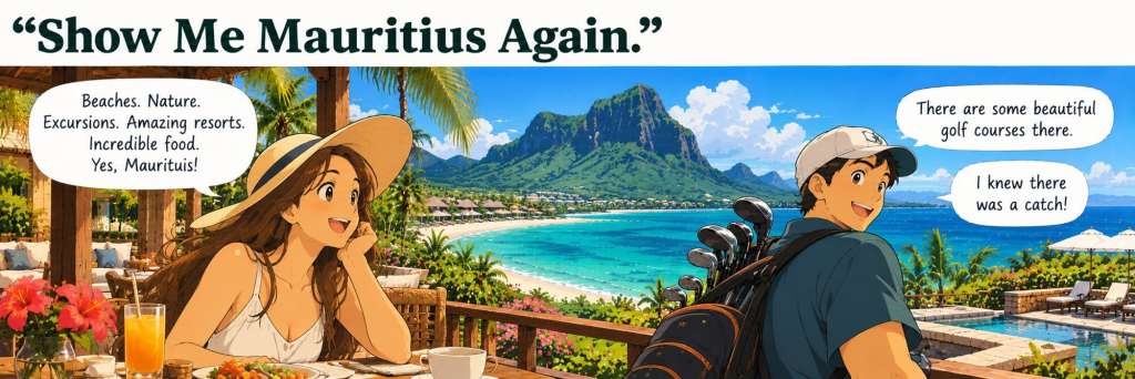 Couple considering Mauritius for a tropical holiday combining beaches, resorts, excursions, food and golf.