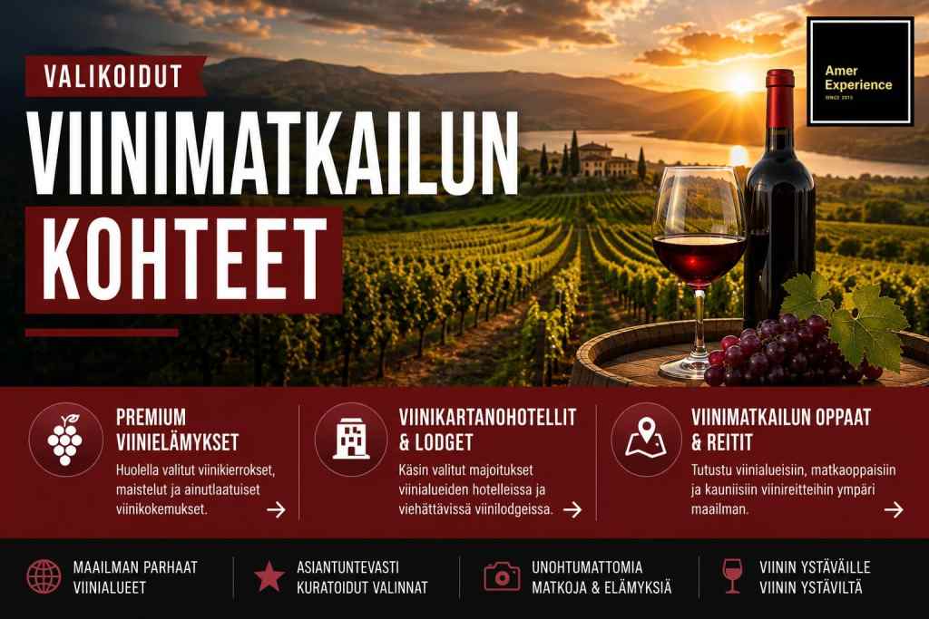 Banneri viinimatkailusta upealla viinitarhamaisemalla auringonlaskussa, punaviinipullo, viinilasi ja viinirypäleet etualalla. Tyylikäs AmerExperience-design korostaa premium-viinielämyksiä, viinikartanohotelleja, viinimatkailun oppaita ja maisemallisia viinireittejä kansainvälisissä viinialueissa.