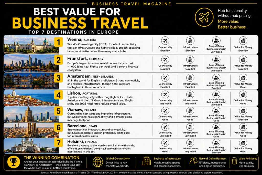 Best value business travel destinations in Europe ranking infographic. Europe's Best Value Destinations for Business Travel and Luxury Leisure