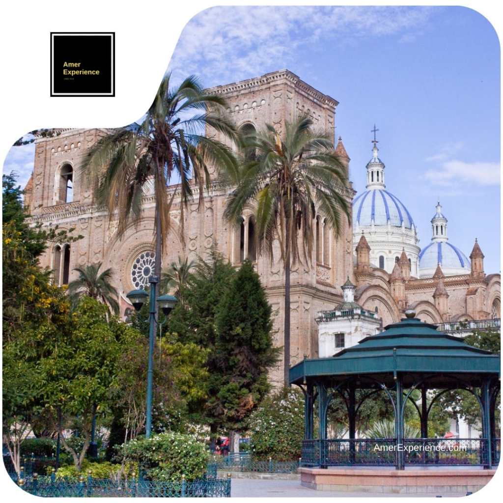 Cuenca’s New Cathedral seen behind palm trees and a green-roofed gazebo in Parque Calderón.