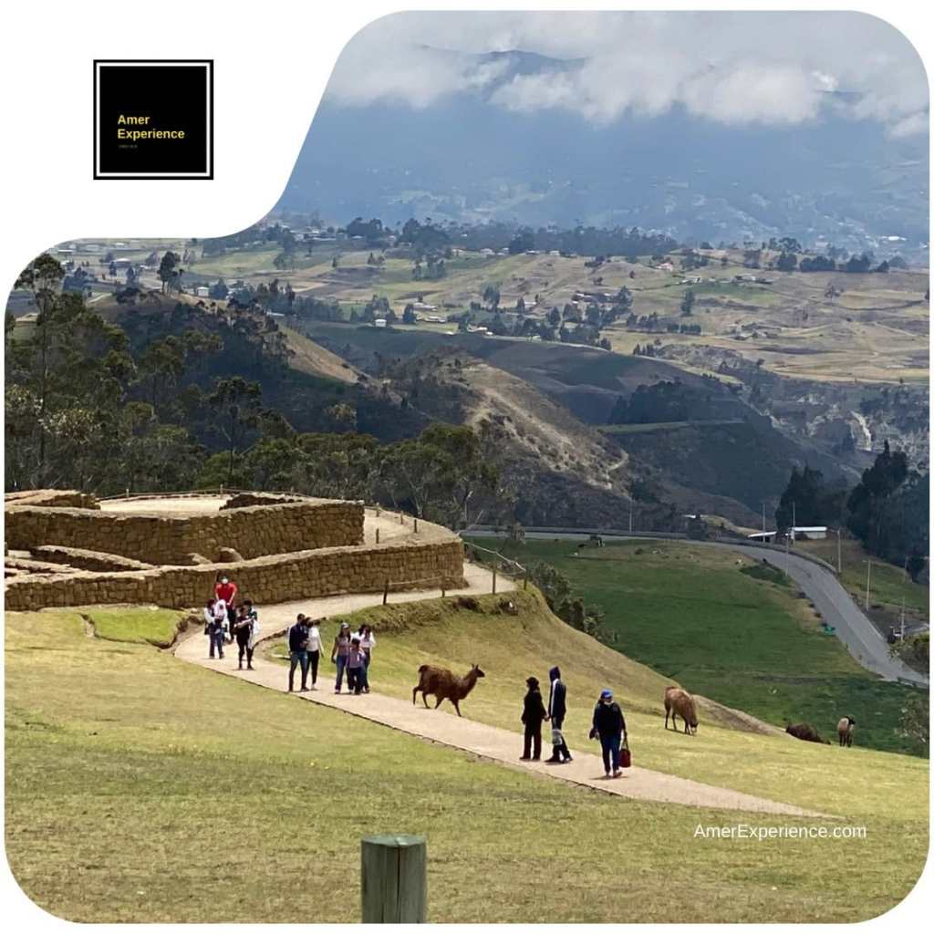 Visitors and llamas beside the stone ruins at Ingapirca, overlooking fields and cloud-covered Andean hills.