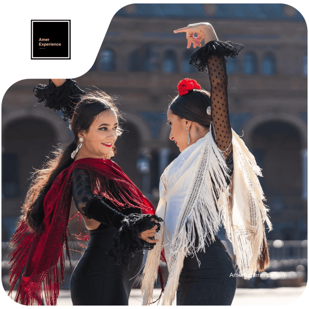 Two women dancing in Flamenco school Sevilla Spain