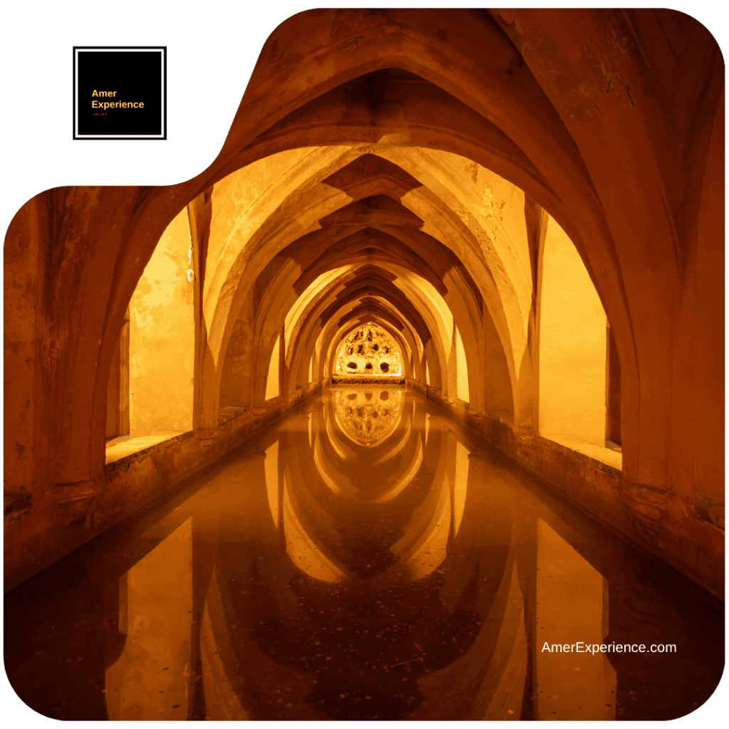 The famous Intricate Arches of the Alcazar of Seville in sunlight