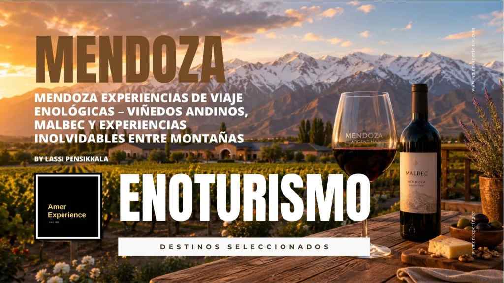 Mendoza enoturismo banner with Andes mountains, vineyard landscape at sunset, Malbec wine bottle and wine glass in the foreground. Elegant AmerExperience design promoting Mendoza wine travel experiences, Andean vineyards, Malbec culture and unforgettable wine tourism experiences in Argentina.