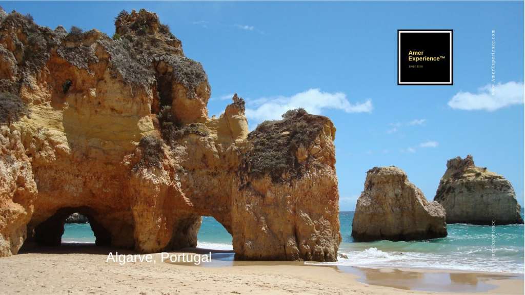 Dramatic Atlantic cliffs and turquoise water along the Algarve coastline in Portugal