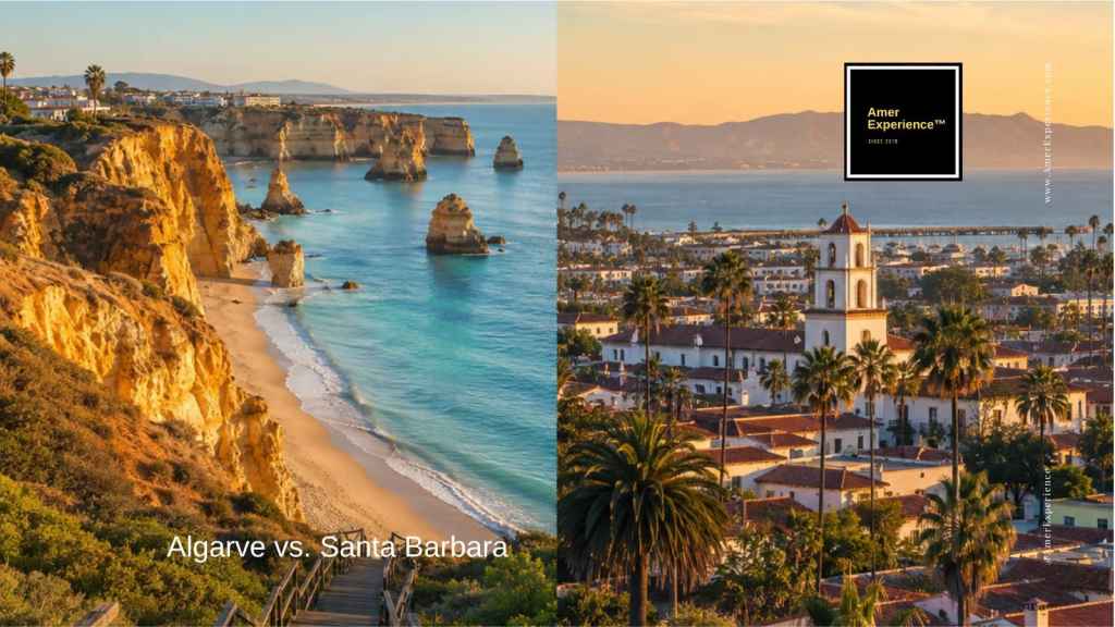 Side-by-side coastal scenery comparing the Algarve, Portugal and Santa Barbara, California