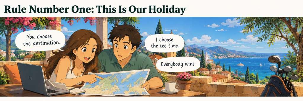 Couple choosing a holiday destination together while discussing golf tee times on a Mediterranean family golf trip.