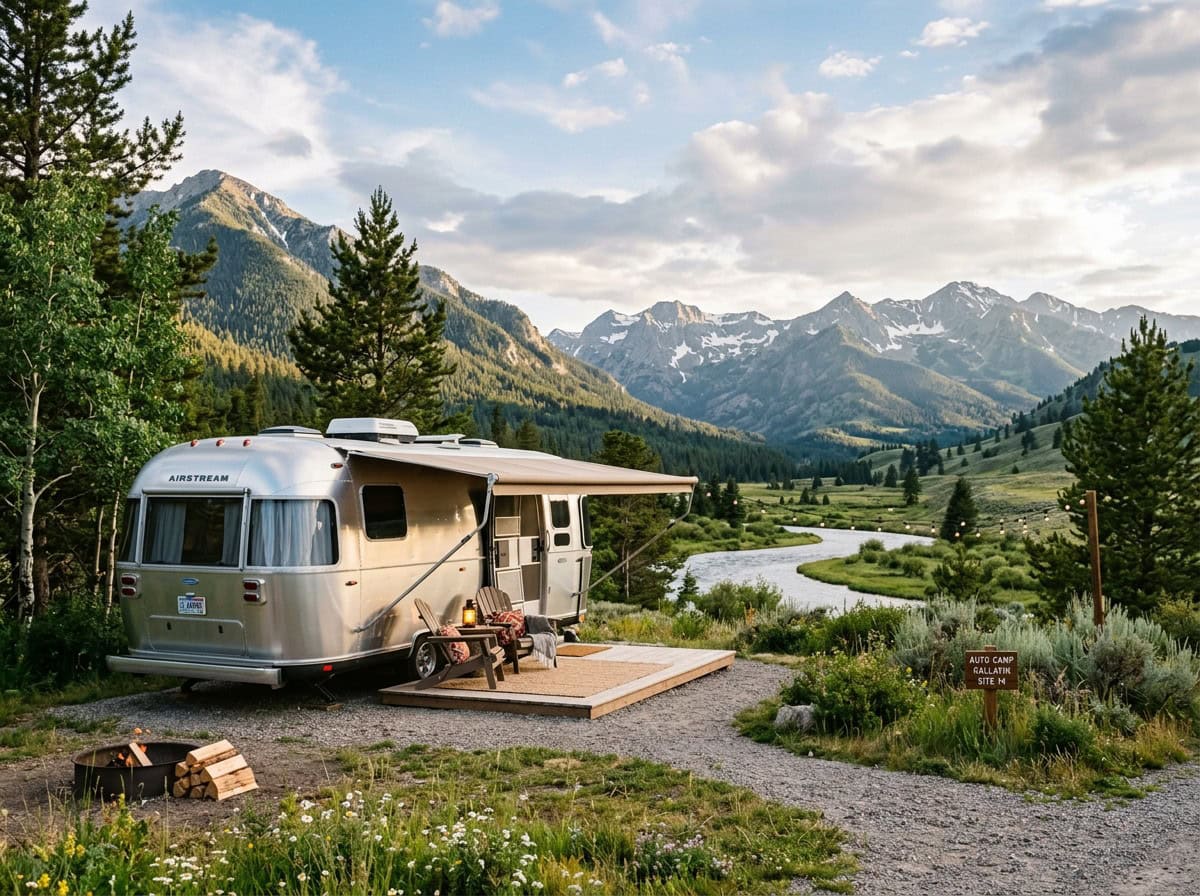 Silver Airstream RV at riverside campsite with mountains