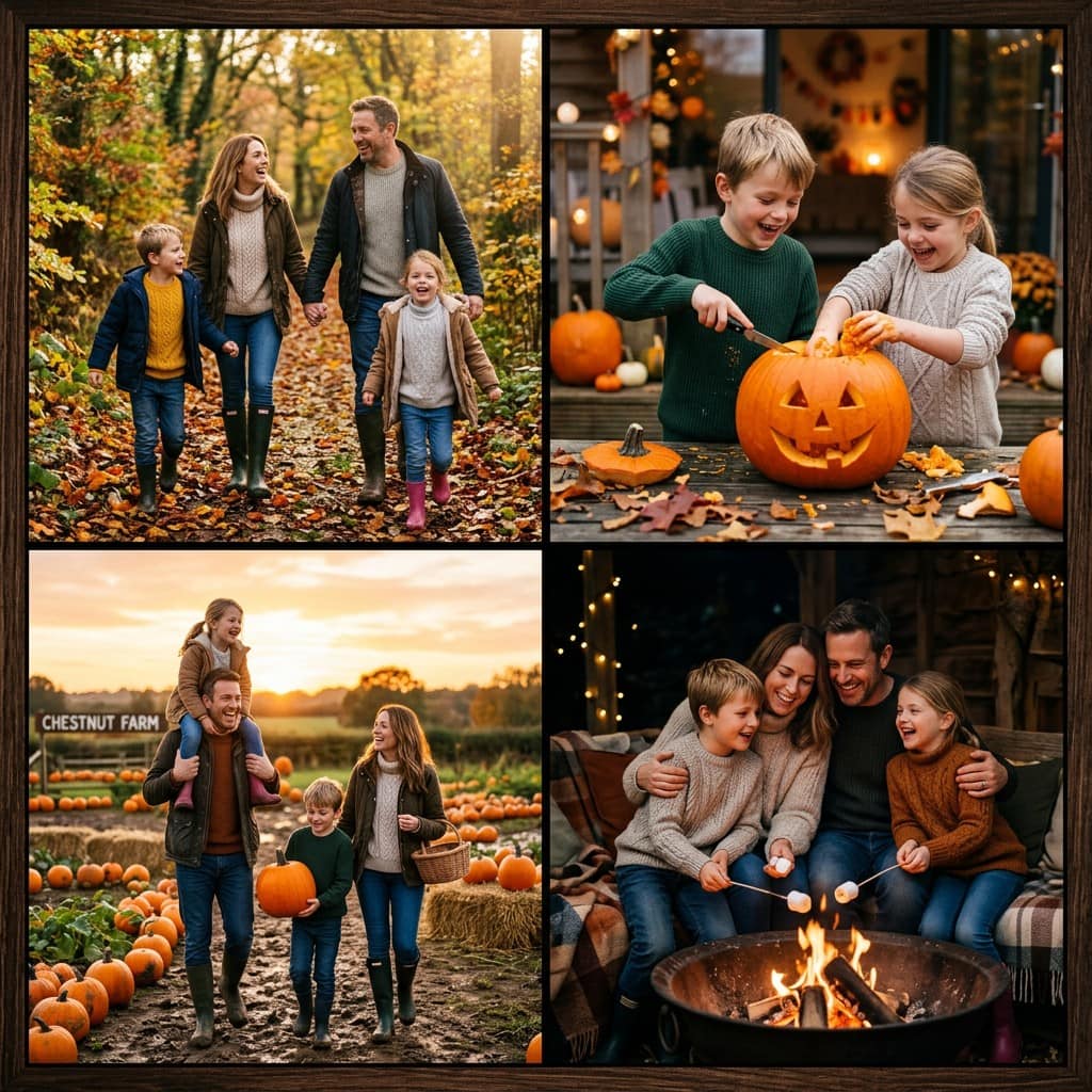 Family walking in woods, carving pumpkin, picking pumpkins at farm, and roasting marshmallows by fire