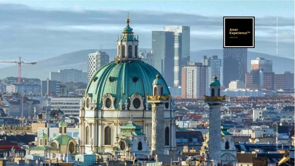 Vienna skyline: Vienna skyline with historic Karlskirche and modern business district, Austria. Austria for Business Travel and Luxury Leisure