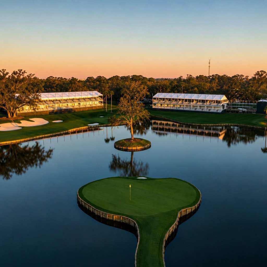 Island green surrounded by water on a championship golf course in Florida