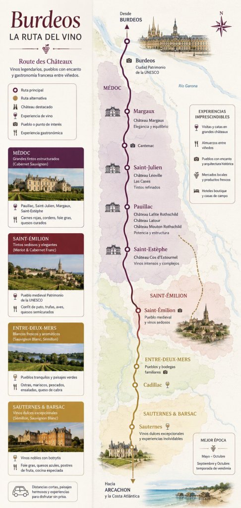 Mapa vertical de la ruta del vino de Burdeos mostrando Médoc, Margaux, Pauillac, Saint-Émilion y Sauternes con viñedos, castillos, vinos franceses y maridajes gastronómicos locales.