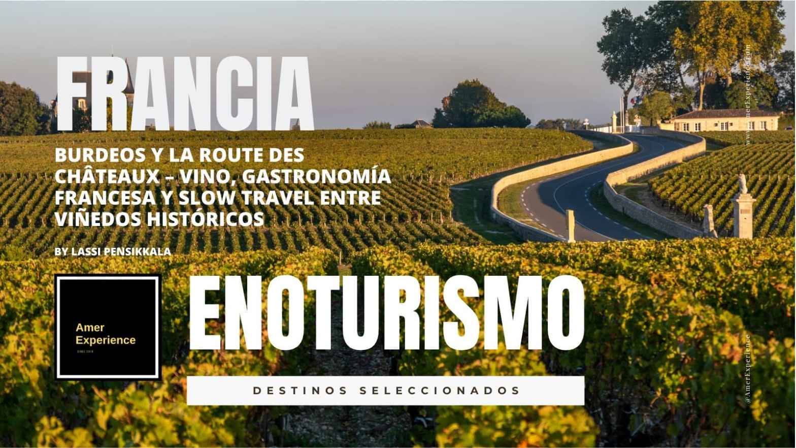 Portada de enoturismo en Francia con carretera entre viñedos de Burdeos al atardecer y texto sobre la Route des Châteaux, vino francés, gastronomía y slow travel.
