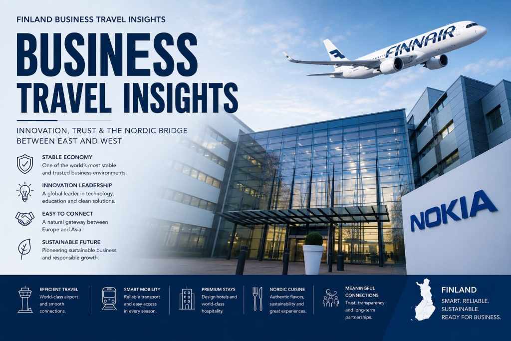 Finland Business Travel Insights banner featuring a Finnair airplane flying above the Nokia headquarters in Finland with modern corporate infographic design, highlighting innovation, Nordic business culture and international connectivity.