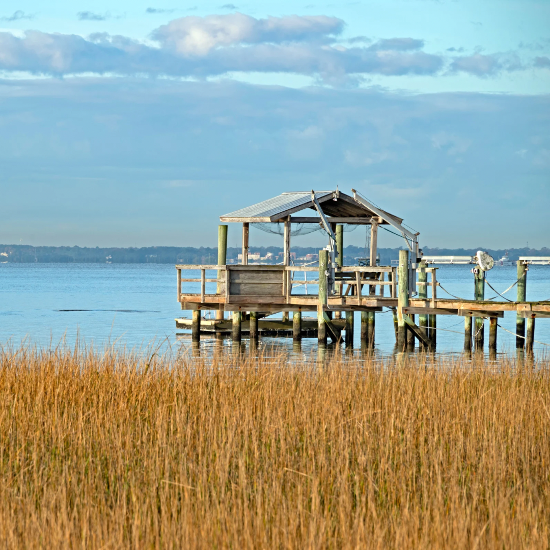 A rustic wooden pier and boat shelter extending into the calm blue waters of Charleston Harbour, framed by golden marsh grass under a soft blue sky.