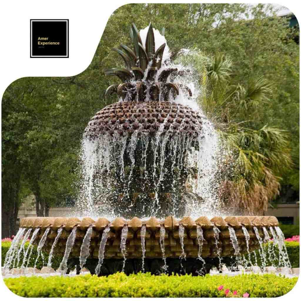 The famous Pineapple Fountain at Charleston's Waterfront Park, symbolizing Southern hospitality and a must-see landmark in the AmerExperience Charleston travel guide by Lassi Pensikkala.
