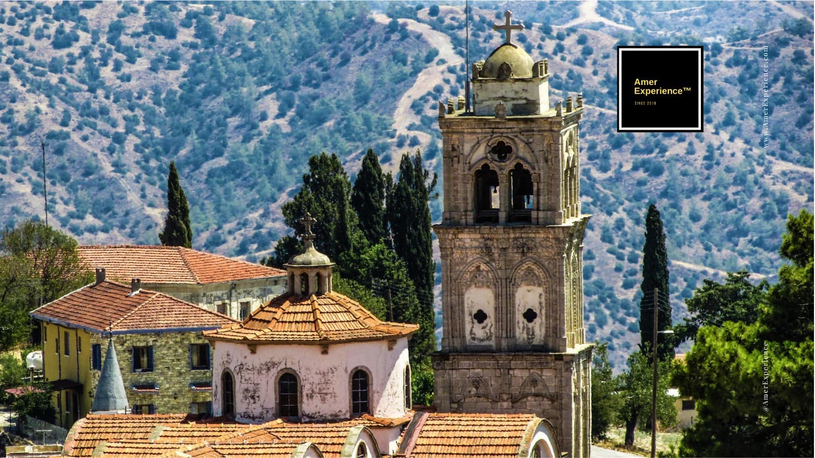 Village church bell tower in the Troodos Mountains, Cyprus