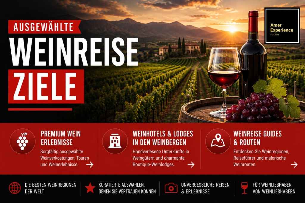 Banner für Weinreisen mit panoramischer Weinberglandschaft bei Sonnenuntergang, Rotweinflasche, Weinglas und Trauben im Vordergrund. Elegantes AmerExperience Design mit Fokus auf Premium-Weinerlebnisse, Weinhotels in den Weinbergen, Weinreise-Guides und malerische Weinrouten durch internationale Weinregionen.
