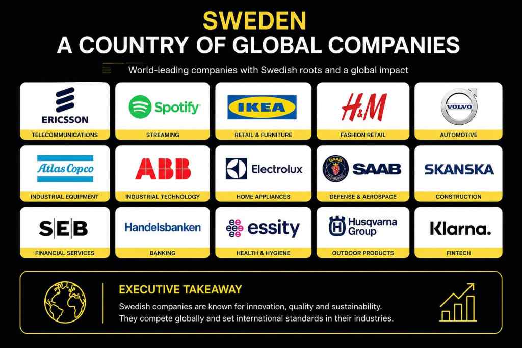 Sweden country of global companies infographic featuring internationally recognized Swedish brands across multiple industries. Stockholm Business Travel Insights
