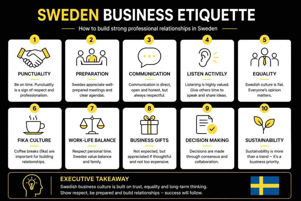 Sweden business etiquette infographic explaining professional communication, meetings, trust and workplace culture.
