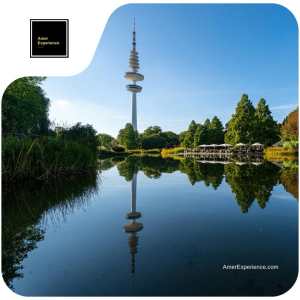 Planten un Blomen ja televisiotorni Heinrich-Herz-Turm taustalla