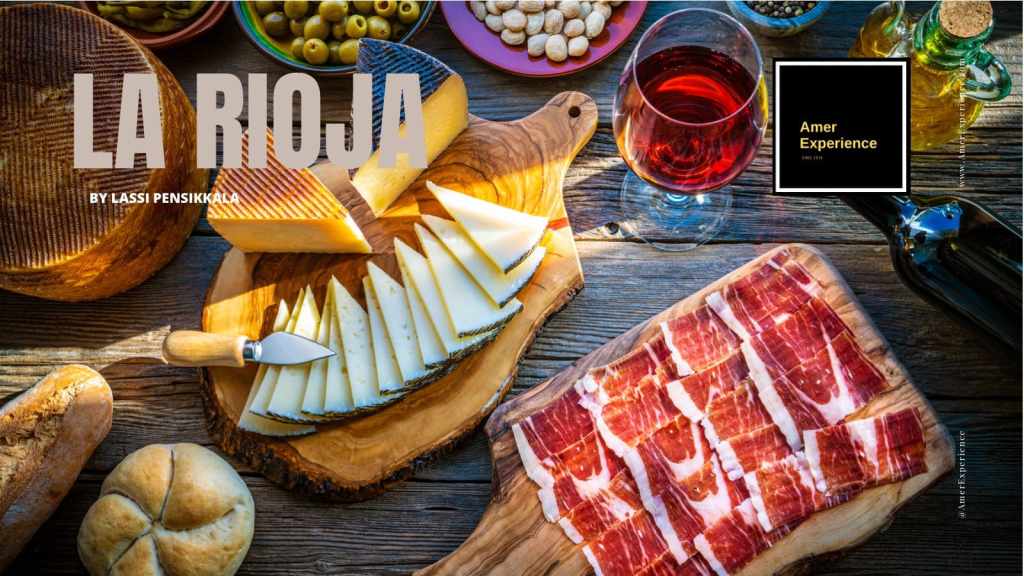 Tabla gastronómica con vino Rioja, queso artesanal y jamón español tradicional