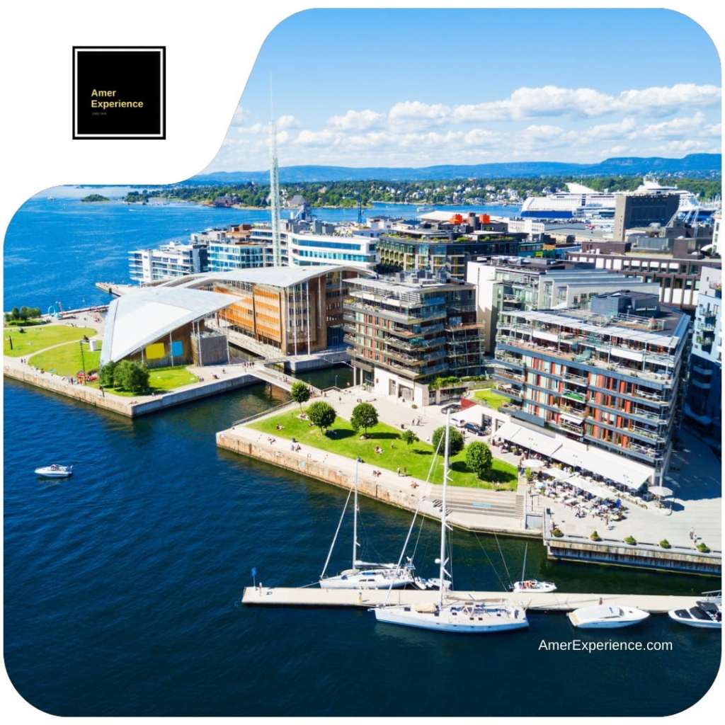 Aerial view of the Oslo Opera House and Bjørvika waterfront beside the Oslofjord, Norway