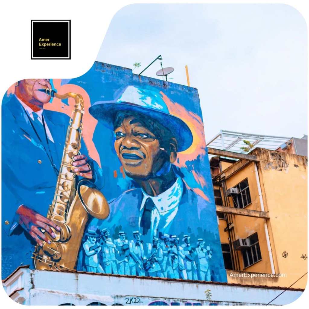 Colorful Rio de Janeiro street mural with musician artwork in a historic neighborhood