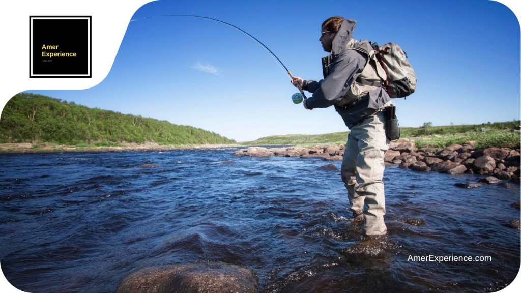 Man standing in a river in Sweden and fishing